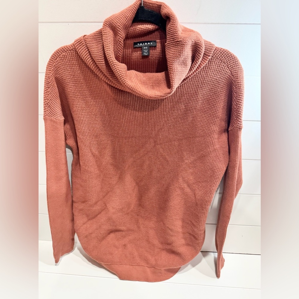 Tribal Pullover Cowl Neck Sweater in burnt orange, Size Small